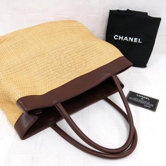 Authentic CHANEL Raffia Tote Summer Shoulder Bag Straw Beige Brown - Picture 6 of 16